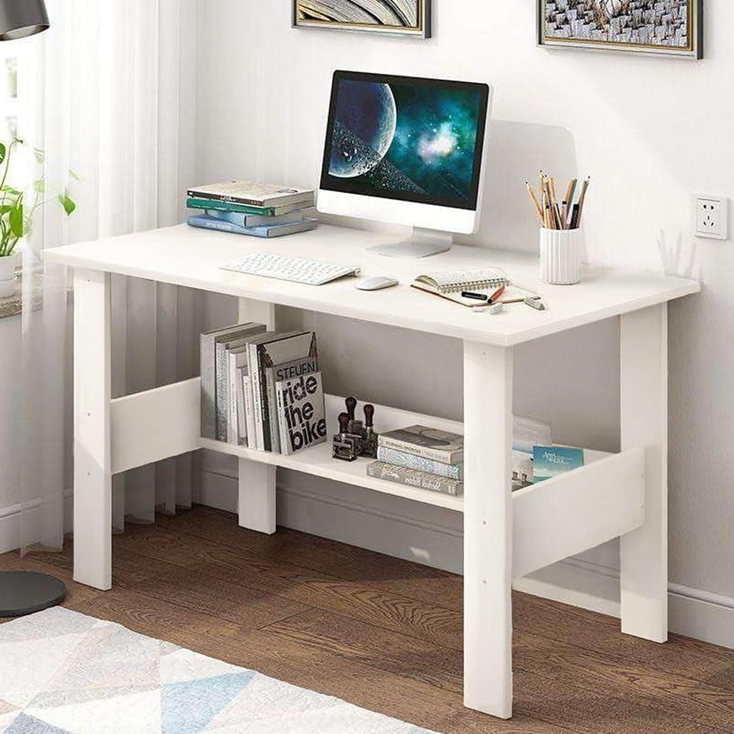 Lukzer Engineered Wood Computer Desk with One Tier Shelves Laptop Study Table