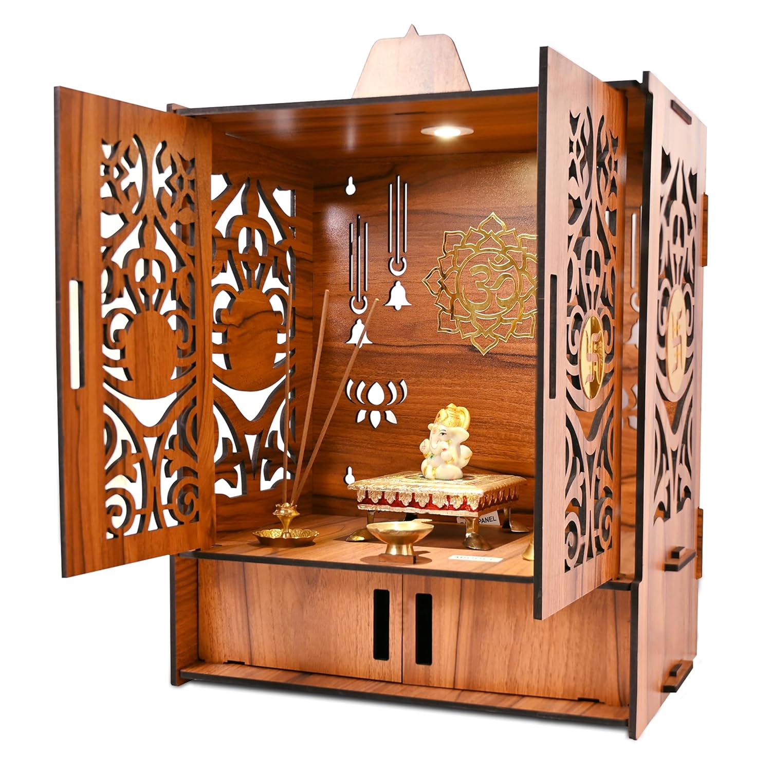Rousrie Wooden Temple Mandir for Home with Door Cabinets 